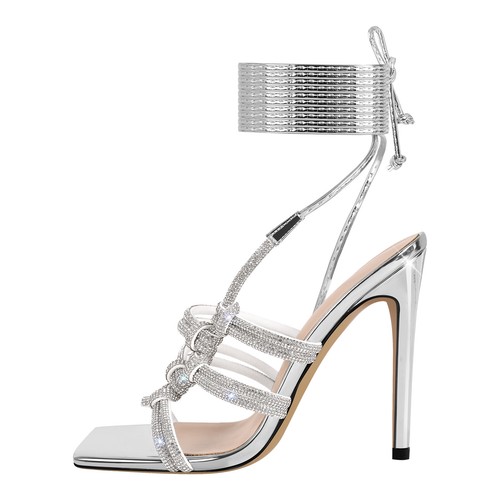 Damen-Sandalen funkelnd silber Schnürung Knöchelriemen hoher Absatz quadratische Zehenpartie Stiletto