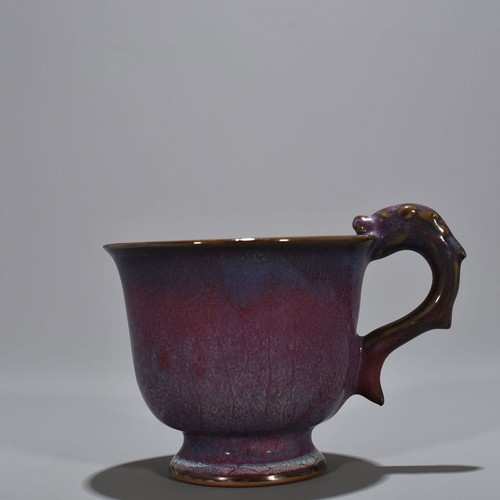 5" Old Antique Song dynasty Porcelain jun kiln Purple Fambe Dragon handle cup - Picture 7 of 8