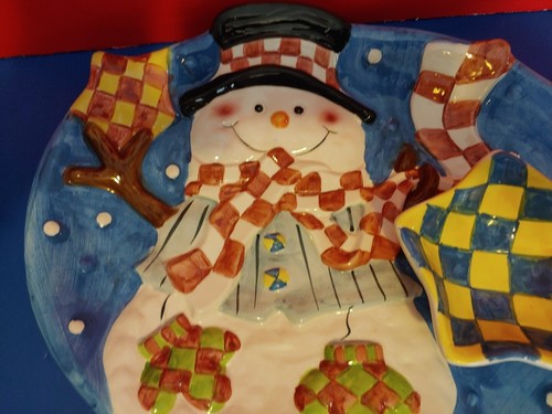 World Bazaars Inc Winter/Christmas Snowman Platter with attached Bowl 11" x 14" - Picture 4 of 6