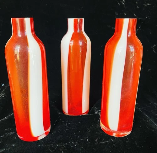 3 Vintage 20th Century Handmade Murano-Style Red White Swirl Art Glass Vases EUC