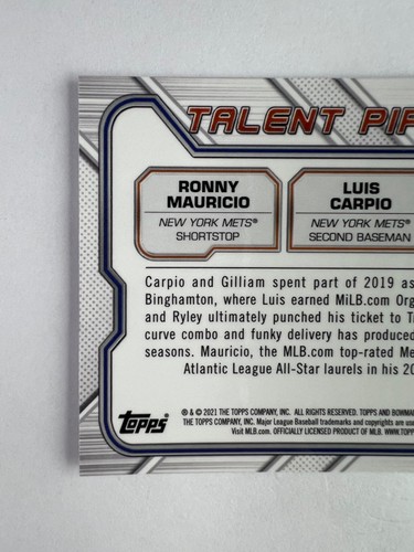 2021 Bowman Ronny Mauricio Luis Carpio Ryley Gilliam Talent Pipeline #TP-NYM - Picture 3 of 6