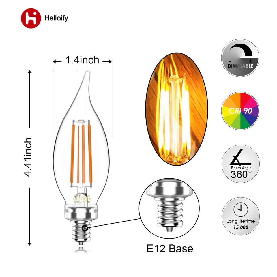 60W Equivalent Dimmable 5.5W BA11(CF35) Vintage LED Edison Filament Candles L... - Image 3 of 4