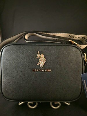 US Polo Assn. Black Small Logo Crossbody Bag Zip Gold Hardware Detachable Strap