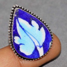 925 Silver Plated Blue Pottery Ring US 8 Limited Edition Design Trendy GW