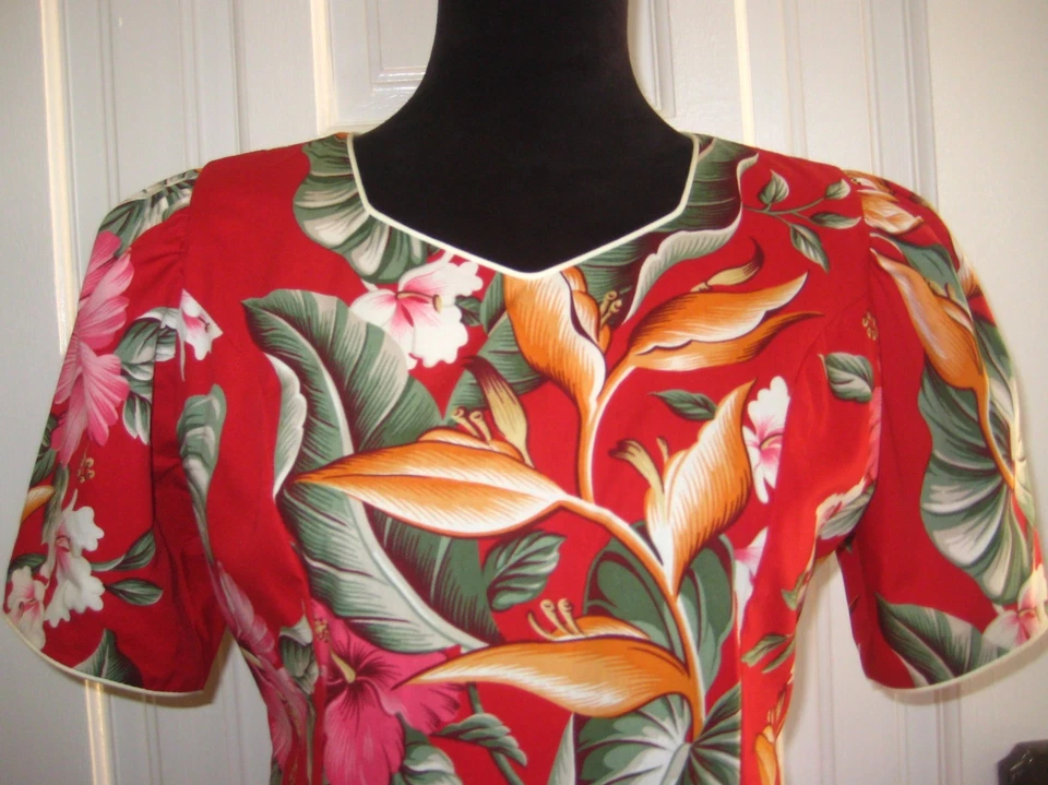 Vestido Hawaiano Vintage Royal Creations Rojo Tropical Floral Volantes/Dobladillo Arco M Foto 2 de 4