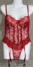 Vintage Red Chantilly Lace Bustier Ribbon Satin Garters Hi Cut Ruffle Bodysuit M