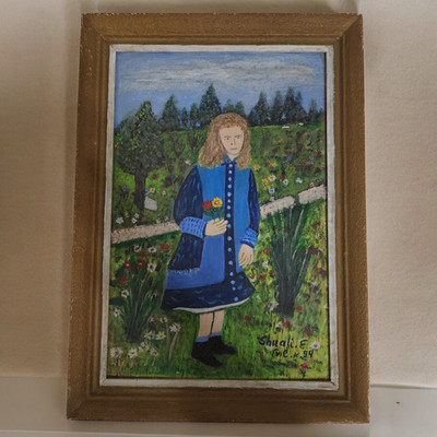 Vintage Original Acrylic Painting Signed Israeli Folk Art Girl Portrait Flowers