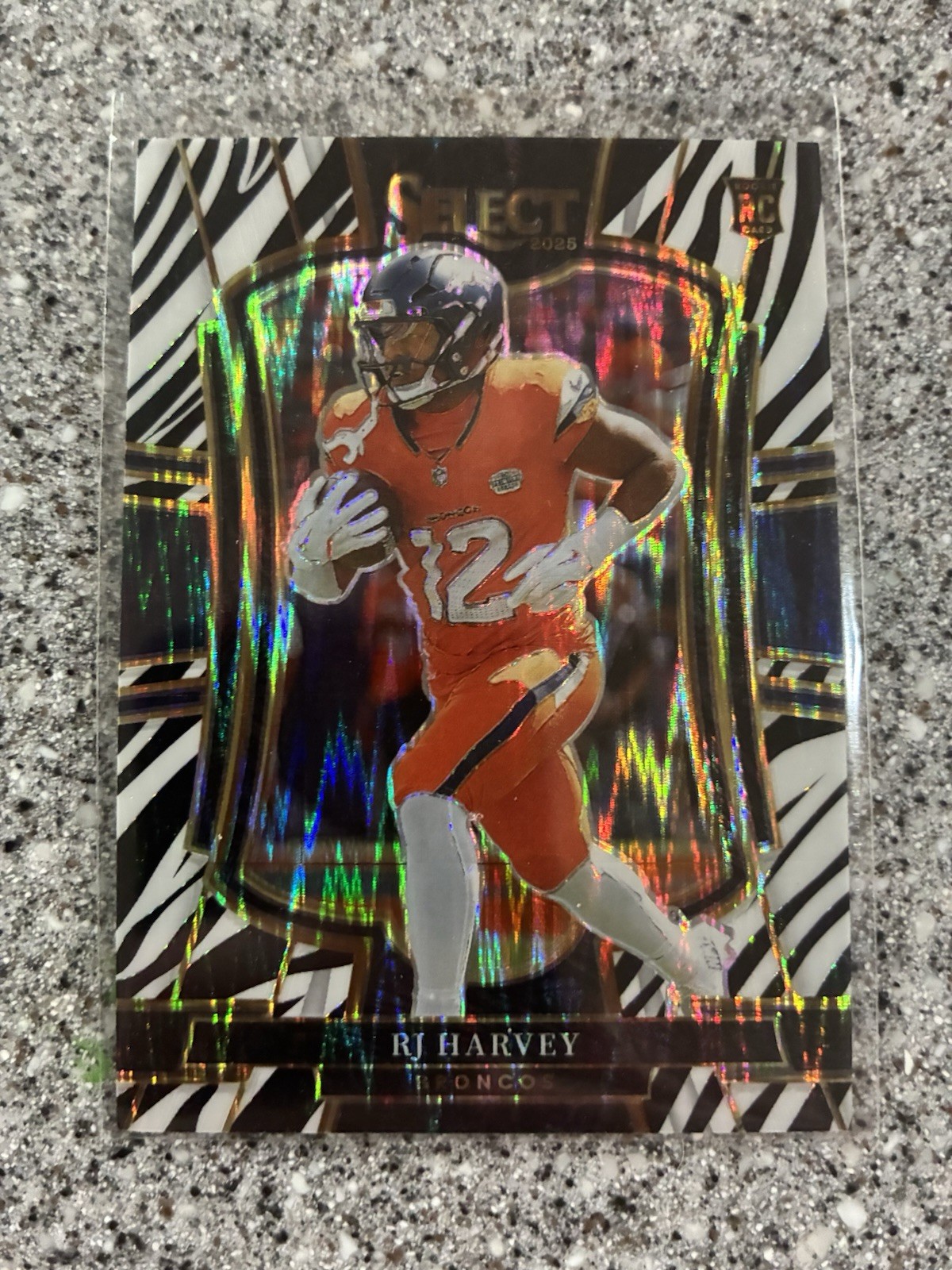 2025 Panini Select Premier Level #110 RJ Harvey RC SP Zebra Prizm Denver Broncos