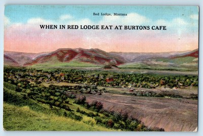 c1940 Red Lodge Montana MT Vintage Postcard Eat Burtons Cafe Aerial View Forest