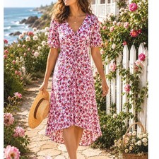 Old Navy Floral Puff Sleeve Ruched Front Midi Dress Pink Large High Low Rose