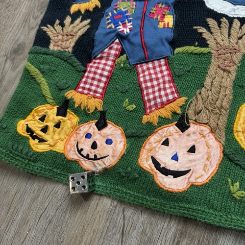 Vintage Halloween Kids Hand Knit Sweater Scarecrow Bear & Pumpkins Size S (4) - Picture 8 of 10