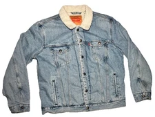 Levis Men’s Standard Trucker Blue Sherpa Lined Denim Jacket Size L Worn Look