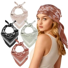 4 Pcs Head Scarf, 27.5” Square Satin Bandana, Silk Pink/Black/Green/Beige