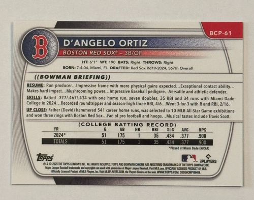 2025 Bowman Prospects Chrome Blue Shimmer #BCP-61 D'Angelo Ortiz /150 - Picture 2 of 2
