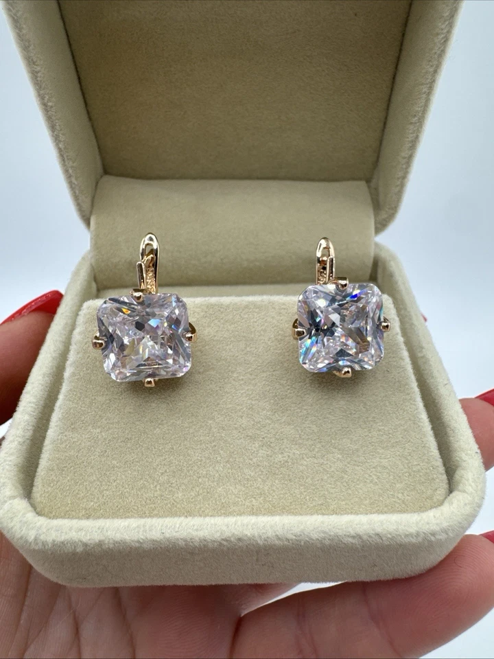 Pendientes Cuadrados Circón Blanco Natural Oro Laminado 14ct Unidos Sello 585RG Foto 2 de 4