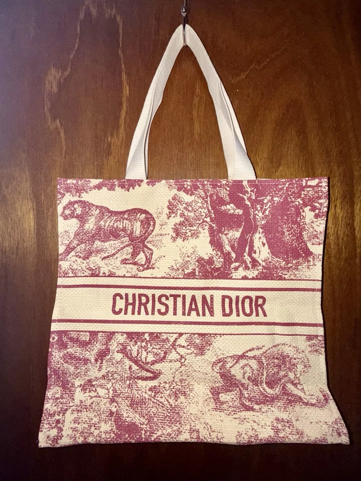 Sac fourre tout Christian Dior Dioriviera paille imprimé animal rouge crème marron NEUF