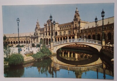 Spain Postcard Vtg Mid 1900s Seville Square Bicycle Bridge 