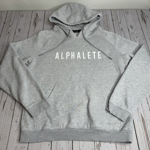 Alphalete Hoodie Hooded Sweatshirt Mens Medium Spell Out Gray Pullover Workout - Picture 2 of 9