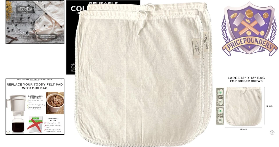 Paquete de 2 bolsas de café de algodón orgánico 12x12 filtro de cordón reutilizable Foto 2 de 4