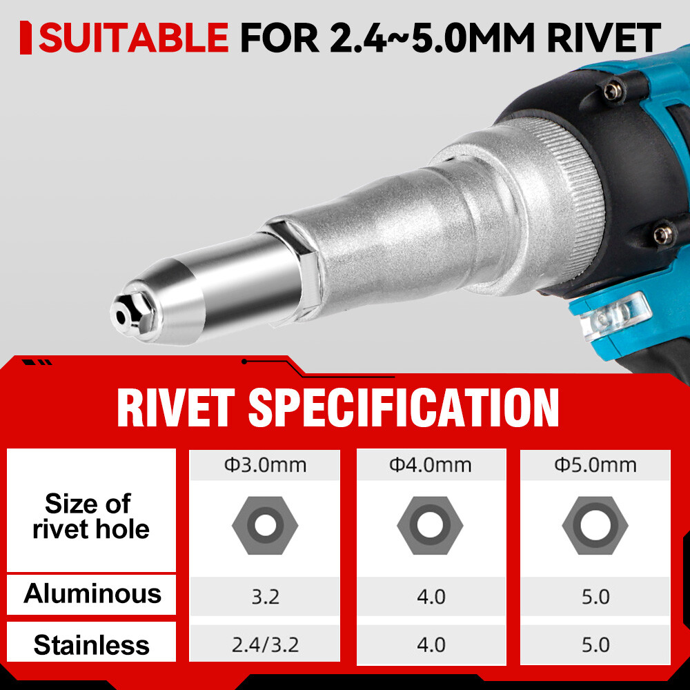 20000N Cordless Rivet Gun 18V Brushless Electric Rivet Gun with 2x Batteries Kit