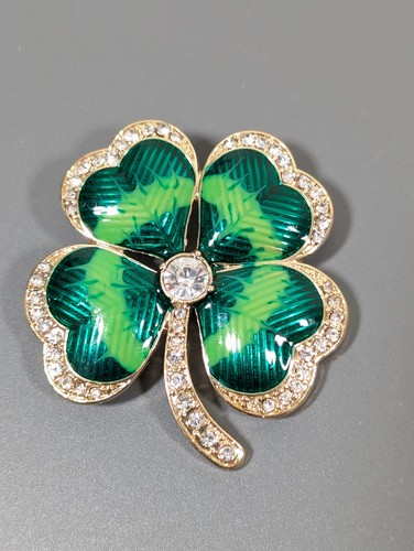 Anne Klein Green Enamel Shamrock Crystal Brooch Clover Gold Tone - Picture 2 of 8
