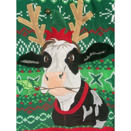 Holiday Time Ugly Christmas Sweater Cow Antlers Green M (38-40) Festive Acrylic - Picture 4 of 8