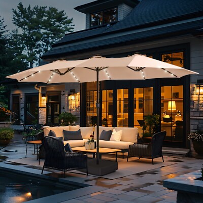 15 ft lighted patio umbrella 15FT Patio Double-Sided Umbrella with Solar 36 LED Lights Outdoor Large  Umbrella