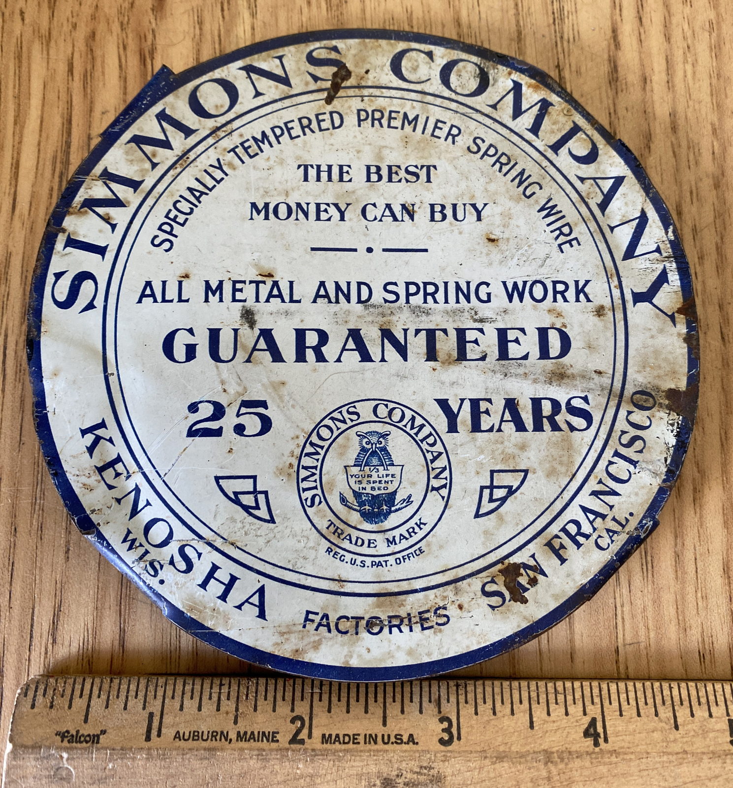 SIMMONS Co Kenosha Wis San Fran Cal Old Tin Metal Sign Mattress Tag ...
