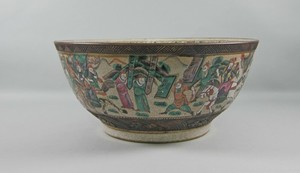 Antique Chinese Crackle Glaze Warrior 15" Polychrome Centerpiece Bowl Brown Mark