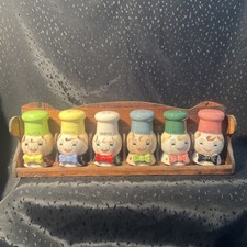 Vintage 1950s Japanese Ceramic Chef Spice Jar Set w/Wooden Rack, 6 Jars