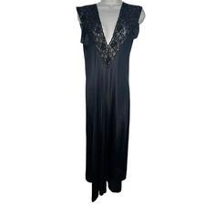 Vintage Undercover Wear Black Satin Lace Plunging V Neck Long Nightgown Medium