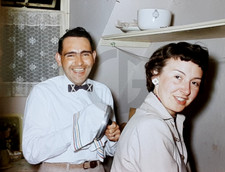 Smiling Happy Man & Woman Washing Dishes in Tiny Kitchen: 1950's 35mm Slide