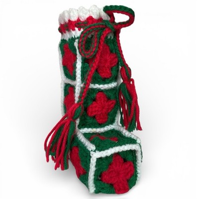 Vintage Christmas Boot Handmade Grandma Square Core Crochet Red Green Granny