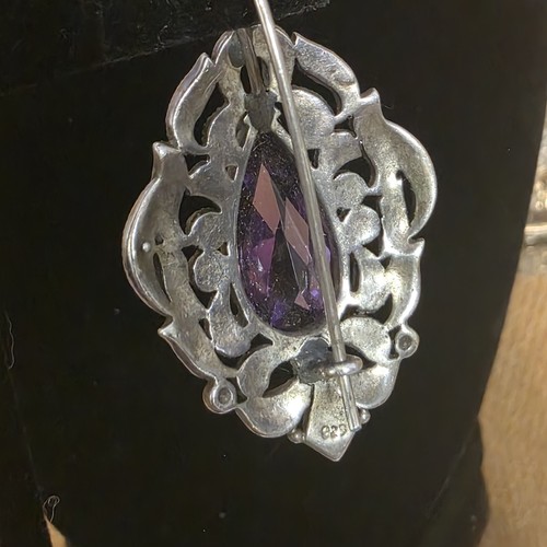 Sterling Silver 925 Marcasite w/ Oval Amethyst Purple Post Dangle Earrings - Picture 7 of 9