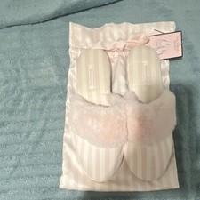Victoria's Secret Pink Striped Satin Fur Trim Slip-On Slippers Women 9-10