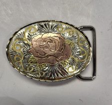 Vtg Oval Belt Buckle Pink Rose with Gold and Silver 'W" USA Western Style Girls