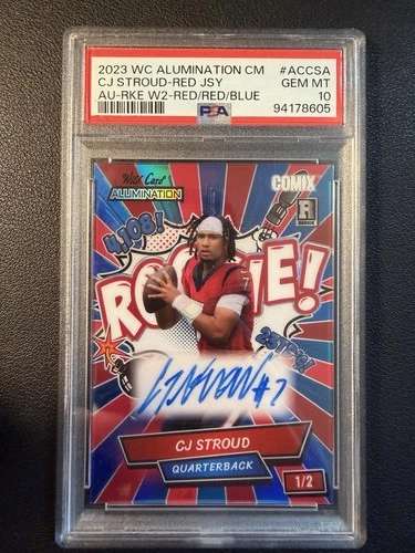 2023 WILD CARD ALUMINATION COMIX ROOKIE AUTO CJ STROUD /2 RED JERSEY PSA 10