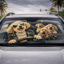 3D Illusion Funny Dog Car Sunshade Flat 2D Print, Cute Poodle Shade UV Protector