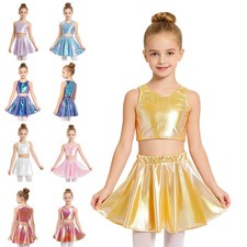 Kids Girls Set Costume Dancewear Jazz Outfit Rave Dance 2Pcs Metallic Cha-Cha