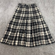 Vintage Norm Thompson Wool Midi Skirt Womens Size 8 Plaid Pleated Black Cream