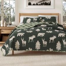 Lodge Full/Queen Quilt Set w/ 2 Shams - Reversible Rustic Bedspread, Forest Gree