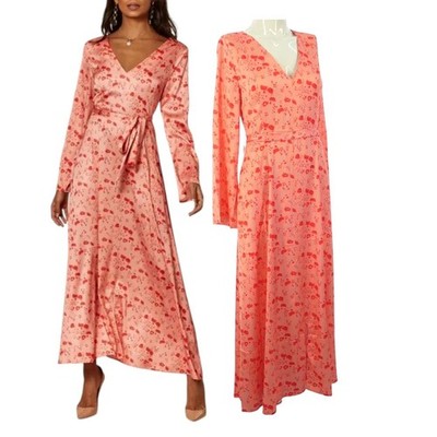 Silkfred Kleid D Anna Maxi Satin Rosa Blumen Retro Gürtel V-Ausschnitt UK 8 Silkfred
