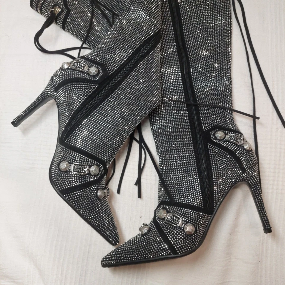 NUEVAS BOTAS DE AGUJA PLATEADAS AZALEA WANG MAEVE Estrás Sobre la rodilla Talla 9 Foto 3 de 4