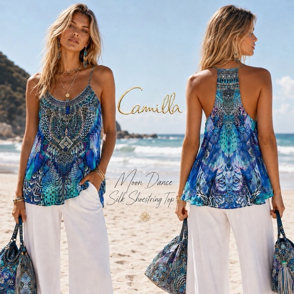 CAMILLA  MOONDANCE SILK CRYSTALS T-BACK SHOESTRING TOP SIZE SMALL EXCELLENT