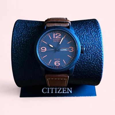 #ad Citizen Eco Drive Men#x27;s Watch Luminescent Dial Brown Leather Strap Day Date $175.00