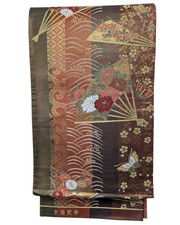 Authentic Silk Fukuro Obi Brown Gold Floral Japanese Kimono Belt Ready to Wear