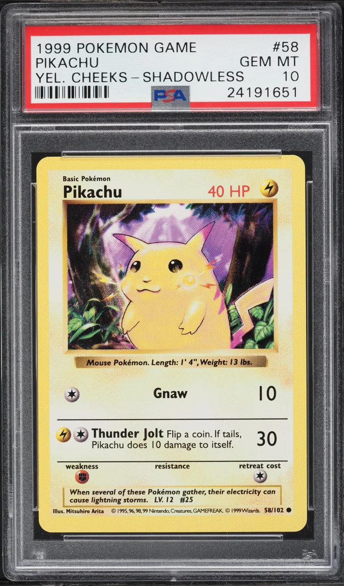 1999 Pokemon Base Set Shadowless Yellow Cheeks Pikachu #58 PSA 10