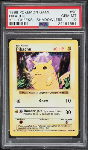 1999 Pokemon Base Set Shadowless Yellow Cheeks Pikachu #58 PSA 10