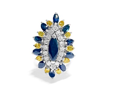 4.04CT Earth Mined Blue Sapphire With 2.33CT Yellow & White CZ Cluster Fine Ring