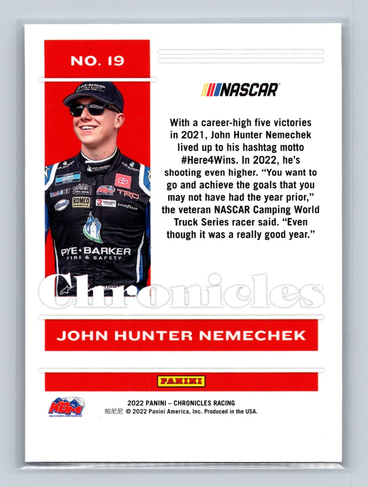 2022 Chronicles #19 John Hunter Nemechek Red /99 - Image 2 of 2